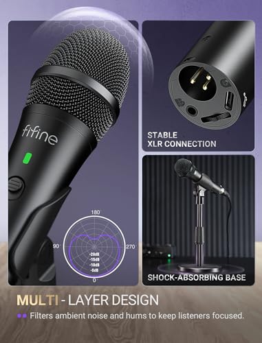 FIFINE USB/XLR Dynamic Microphone for Podcast Recording, Studio Desktop Mic with Mute Button, Height-Adjustable Stand, Windscreen for Vocal, Streaming, Voice Over, Black-AmpliTank TANK2