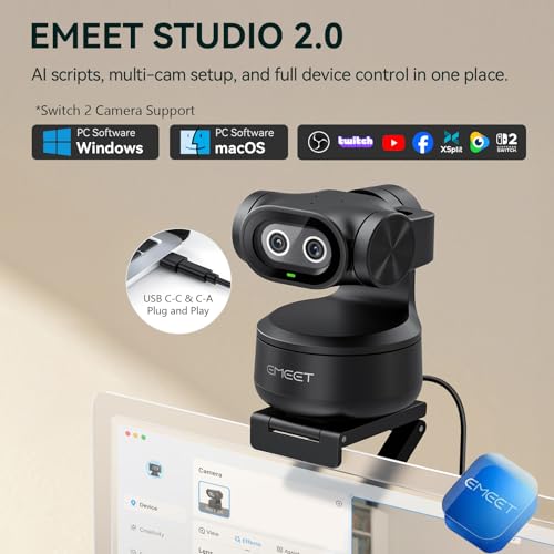 EMEET PIXY Dual-Camera AI-Powered PTZ Camera 2K, AI Tracking, PDAF&AI Autofocus 0.2s, 1/2.55'' Sony Sensor, 3 Mics, Presets, Gesture Control, 2K Webcam for Streaming and OBS/Twitch/Switch 2 Compatible - style: PIXY Dual-Camera AI PTZ 2K