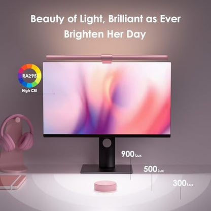 Quntis Pink Monitor Light Bar with Remote, Eye-Care No Glare, Space Saving Computer Desk Lamp As Gifts for Girls, Stepless Dimming, Modern Aesthetic Desk Light Bar for Home Office Gaming Reading - color: Pink