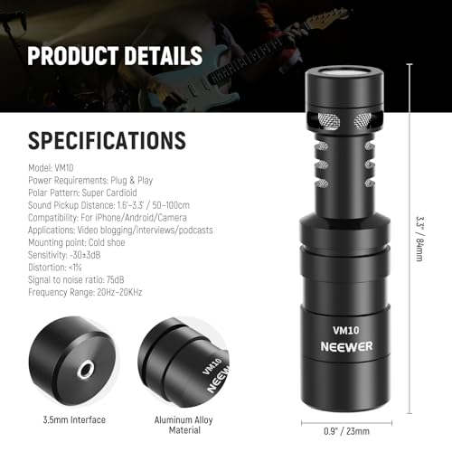 NEEWER Plug & Play Vlog Microphone for Camera, 20-20KHz Mini Supercardioid Mic Compatible with Sony Canon Nikon iPhone Samsung Android Tablet Mac with 3.5mm TRS USB C OTG Shock Mount Windscreen, VM10 - style: VM10