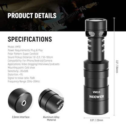 NEEWER Plug & Play Vlog Microphone for Camera, 20-20KHz Mini Supercardioid Mic Compatible with Sony Canon Nikon iPhone Samsung Android Tablet Mac with 3.5mm TRS USB C OTG Shock Mount Windscreen, VM10 - style: VM10