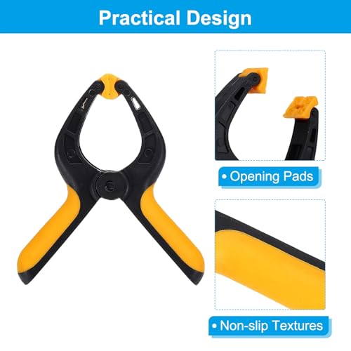 MECCANIXITY 3 Inch Backdrop Spring Clamps, 6 Pack Plastic Flexible Anti-Slip Strong Clips Mini Clamps for Stand DIY Project Photography Studio, Black and Yellow