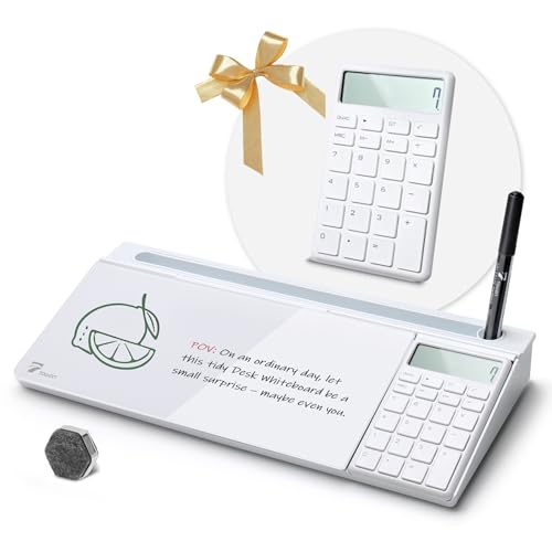 TOWON Desktop Glass Whiteboard with Basic Calculator, 12 Digit LCD Display, Desk Organizers with Accessories for Office, Home, School Supplies, Storage with Dry Erase Board Surface, White, 18'' x 6'' - color: Cal White