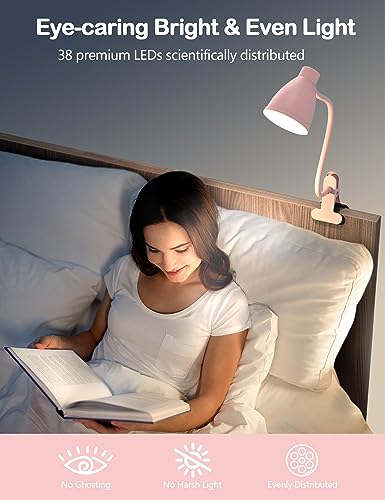 BOHON Cute Desk Lamp with Clamp Clip on Light, 5 Color 10 Brightness, Pink | Flexible Gooseneck Pink Lamp 10W 38 LED Auto Off Timer Kawaii Accessories Desk Lights for Office Home Bed Bedside Reading - color: Pink