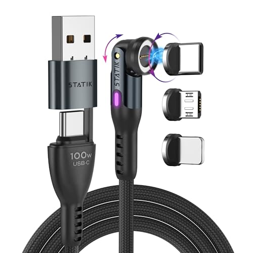 Statik 360 Pro Magnetic Charging Cable - Type C Charger Fast Charging 3 in 1 USB C to USB C Cable, Micro USB & iProduct Tips, USB A Adapter, Fits All Devices - 100W Fast Charger, Black 6FT/2M - color: Black, size: 6FT