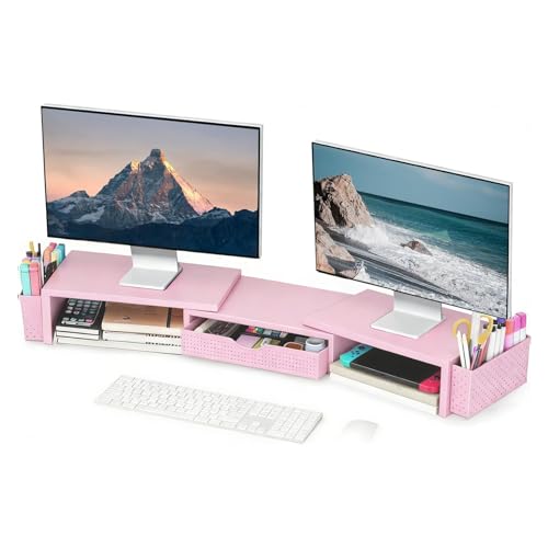 Spacrea Metal Desk Organizers and Accessories, Dual Monitor Stand Riser with Drawer and 2 Pen Holders, Desk Accessories & Workspace Desktop Organizers for Office Supplies (Pink) - color: Pink
