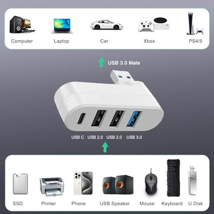 VIENON 4-Port USB 3.0 Hub [90/180 Rotatable], USB Splitter with 3 USB Ports & 1 USB C Power/Data Port, USB Extender for Laptops, Cars, iMac, MacBook Air, MacBook Pro
