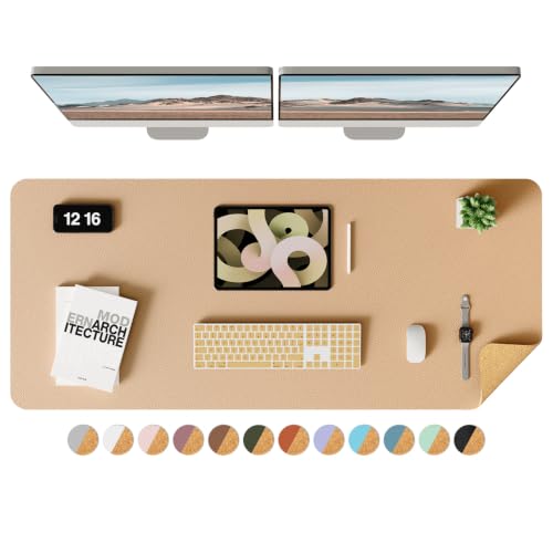 YSAGi Double-Sided Desk Mat, Eco Cork & Leather Desk Protector, Large Mouse Pad & Writing Pad for Office/Home (Apricot+Cork, 47.2" x 17") - color: Apricot+cork, size: 17" x 47.2"