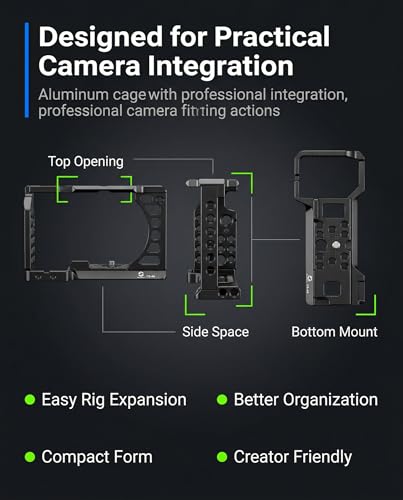 Full Camera Cage for Sony A6400, A6100, A6300, A6500, A6600, CNC Aluminum Camera Rig Cage with 1/4"-20 & 3/8"-16 Mounting Points, ARRI Locating Holes, Cold Shoe