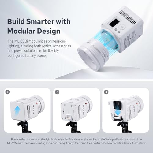 Godox ML150Bi Bi-Color COB LED Video Light 150W, 61054Lux@1m, 2800K-6500K, 11 FX, Compact COB LED Continuous Output Lighting for Studio & Outdoor Shooting, APP/DMX/RDM Control, Handheld LED Monolight - color: ML150Bi