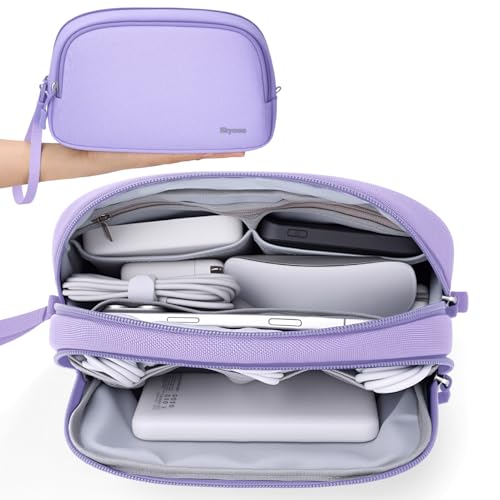 Skycase Travel Cable Organizer - Lightweight Water Resistant Dual-Layer Tech Pouch with Wrist Strap 9 Compartments Electronic Organizer Travel Case for Charger Cord Hard Drive,Small,Purple - color: Purple, style: S