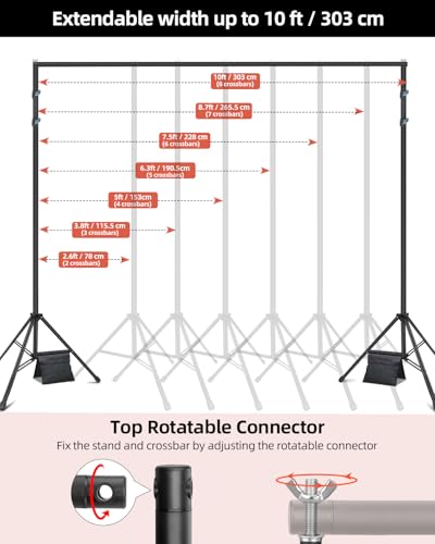 Hemmotop 3-in-1 Heavy Duty Adjustable Backdrop Stand – 10x8.5ft | With 2 Sandbags, 7 Widths, Assembles to T-Shaped Stand, for Banner, Projector Screen, Balloon, Ideal for Wedding, Birthday - size: 10x8.5ft