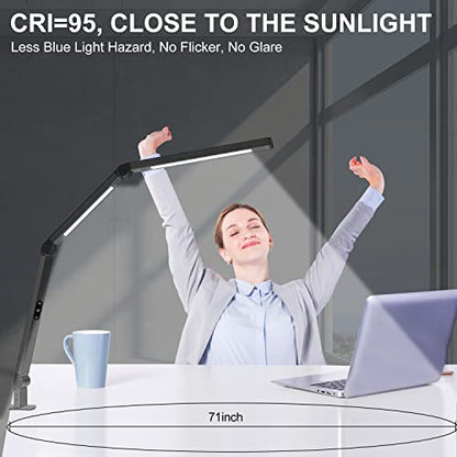 LED Desk Lamp with Clamp, Architect Desk Lamp for Home Office with Remote Control, Swing Arm Clamp on Computer Light, Clip-on Eye-Care Adjustable 5 Brightness Levels Table Light for Working Drafting - color: Black+Remote