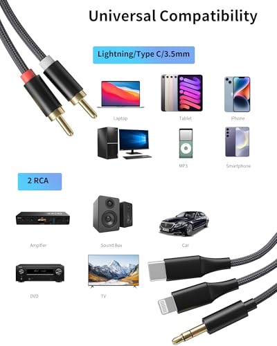 [3-in-1 RCA Audio Cable] Lightning/USB C/3.5mm to 2 RCA – Compatible with iPhone, Android, Home Theater, Car Stereo, Speaker, Amplifier (6FT) - size: 6FT