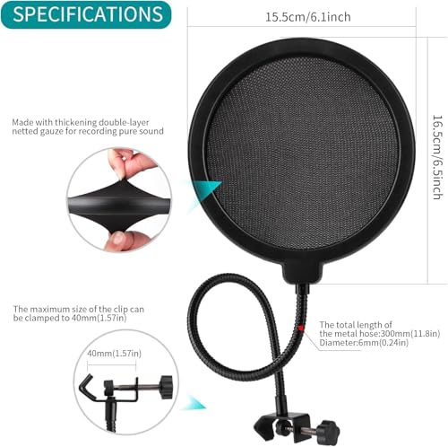 Professional Mic Windscreen Pop Filter For Microphone,Dual Layered Wind Pop Screen With A Flexible 360 Degree Gooseneck Clip Stabilizing Arm,Compatible with Blue Yeti and any Other Microphone