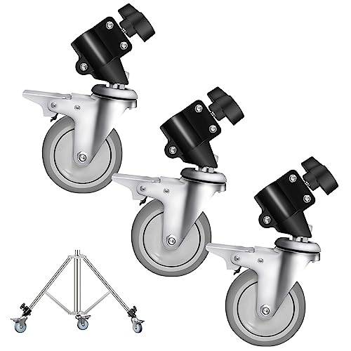 Wellmaking 3-Pack Professional Swivel Caster Light Stand Wheel Sets, Durable Metal Construction and Rubber Base, for Studio Photography Video Shooting