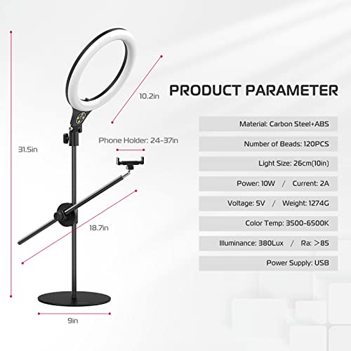 ULANZI [Upgraded Base] Overhead Tripod for Phone with 10 Selfie Ring Light, Phone Stand for Filming 3500k-6500K Dimmable, Ring Light Phone Holder for Video Recording, Live Stream, Portrait，Makeup