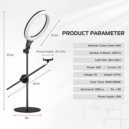 ULANZI [Upgraded Base] Overhead Tripod for Phone with 10 Selfie Ring Light, Phone Stand for Filming 3500k-6500K Dimmable, Ring Light Phone Holder for Video Recording, Live Stream, Portrait，Makeup