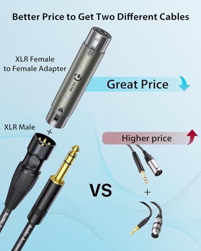 AA AUDIO ACCESSORY XLR Male to 1/4 Cable with XLR Female to Female Adapter Bundle, Rean Connectors from Neutrik, Kevlar-Reinforced Nylon Braided TRS Cable, Balanced Quarter Inch Cord, 10ft, OFC - size: 10ft, style: XLR Male to 1/4 & XLR Adapter