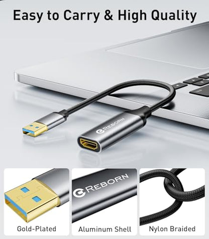 Reborn USB to HDMI Adapter, 1080P@60Hz for Macos Windows 7/8/10/11 | USB 3.0 Male to HDMI Female Audio & Video Converter Suitable for Laptop Desktop Monitor - Driver installation is required