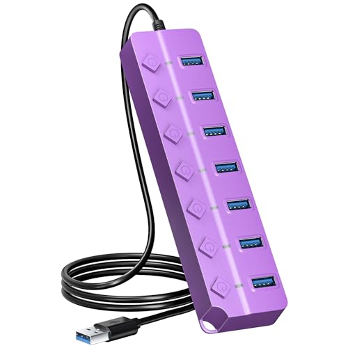 USB Hub 7 Port, USB Splitter with Individual On/Off Switches and Lights | USB 3.0 Hub with 3.3ft Cable, Extender for A Port Laptop, PC, Desktop-Purple - color: Purple