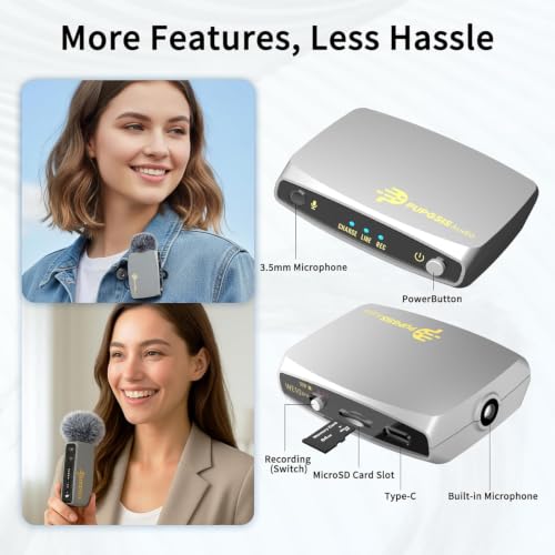 Wireless Lavalier Microphones for phones Cameras, Mini Mic Lapel Wireless Microphone with 20H Battery Life, 64GB TFcard Slot, DSP Noise Cancelling for Record Interview, Vlogs, YouTube, Tiktok (WE10)