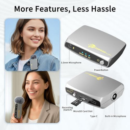 Wireless Lavalier Microphones for phones Cameras, Mini Mic Lapel Wireless Microphone with 20H Battery Life, 64GB TFcard Slot, DSP Noise Cancelling for Record Interview, Vlogs, YouTube, Tiktok (WE10)