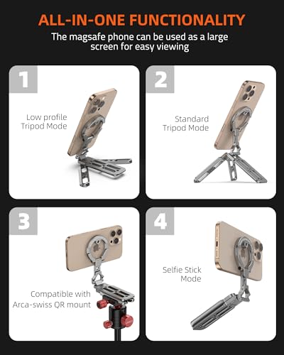 Magnetic Aluminum Phone Tripod Holder Mount Stand Handle with 1/4" Srcew & Cold Shoe & Arca-Swiss,Mini Pocket Foldable Cell Phone Stand,Compatible with MagSafe for iPhone, Fits Gym,Vlog,Travel,Desk