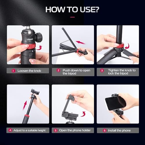 ULANZI MT-44 Auto Open Phone Tripod, 59" Extendable Selfie Stick Vlog Stand with 2 in 1 Phone Clip, 360° Ball Head Camera Tripod for iPhone Sony DJI Osmo Pocket 4 Nano Luna, Lightweight for Travel - color: BLACK