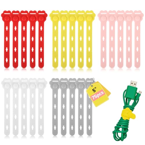 75Pcs Colorful Silicone Cable Ties,2026 New Data Cable Organizer,Reusable Cable Straps,Cable Management Cord Organizer for Fastening Phone Charger Home Office Desk Kitchen Appliances Cable Cords Wires - color: 5 Colors