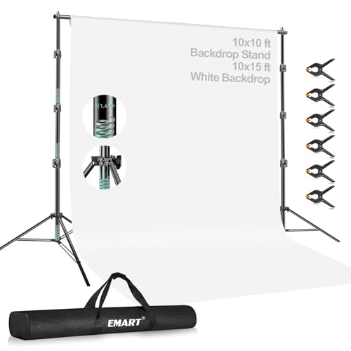 EMART Portable Photography Backdrop Stand Kit 10 x 10 ft with 10 x 15 ft White Backdrop, Adjustable Background Support System for Photo Video Studio, Photoshoot, Party, Live Game, Interviews - size: 10*10ft Stand/10*15ft Backdrop