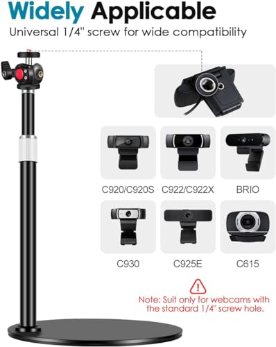 Webcam Tripod Stand for Desk: Webcam Stand for Logitech Brio | C920 | C922 | C615 | C930e - Height & Angle Adjustable Desktop Tripod for Light & 1/4" Thread for Live Streaming | Video Calling - size: 9.2''-15.5''