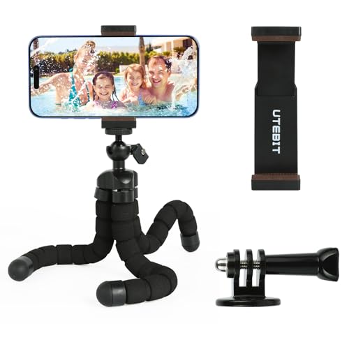 UTEBIT Flexible Phone Tripod Premium Portable Phone Mini Tripod Desk Stand | Compatible with iPhone Samsung Go Pro, Small Digital Camera, for Video Recording, Vlogging, Travel Photography, Black