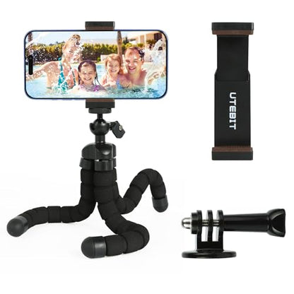 UTEBIT Flexible Phone Tripod Premium Portable Phone Mini Tripod Desk Stand | Compatible with iPhone Samsung Go Pro, Small Digital Camera, for Video Recording, Vlogging, Travel Photography, Black