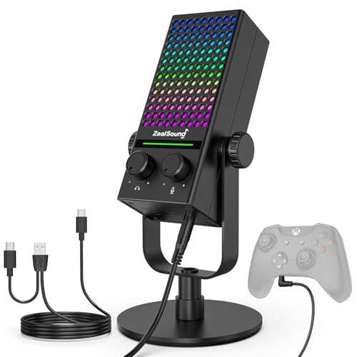ZealSound USB Gaming Microphone for Xbox PC Mac iPhone & Android, Noise Reduction Mic with One-Tap Mute, Gain Control, Zero-Latency Monitoring & RGB Lighting, for YouTube TikTok Podcasting & Streaming - color: Black