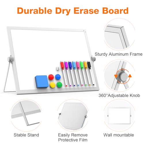 Desktop Whiteboard 16x12 Stand, Double Sided Dry Erase Board Kids | Portable with Handle, Foldable Aluminum Stand, 360° Angle, 8 Markers 4 Magnets 1 Eraser, Smooth Magnetic Surface - size: 16*12white