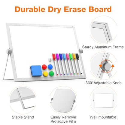 Desktop Whiteboard 16x12 Stand, Double Sided Dry Erase Board Kids | Portable with Handle, Foldable Aluminum Stand, 360° Angle, 8 Markers 4 Magnets 1 Eraser, Smooth Magnetic Surface - size: 16*12white