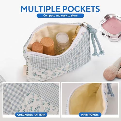 Cotton Quilted Floral Coin Purse Digital Camera Pouch,Small Quilted Cotton Makeup Bag for Purse,Travel Toiletry Pouch, Lipstick Bag Data Cable Organizer (Blue)