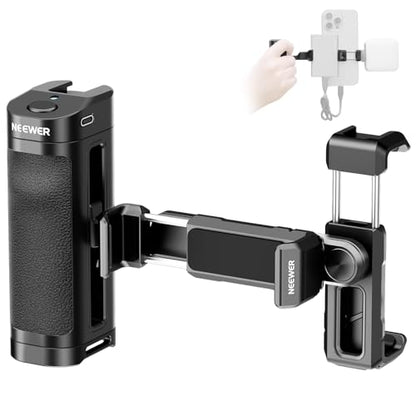 NEEWER Bluetooth Side Handle Shutter Release with 2.2"-3.2"/55-82mm 360° Phone Clamp & SSD Holder, Cold Shoes, 100mAh Rechargeable Battery Compatible with iPhone Samsung T5/T7/T9 SSD, PA028E