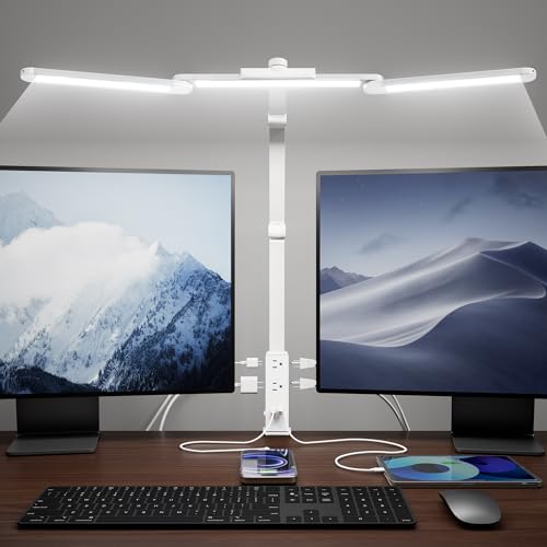 SUPERDANNY LED Desk Lamp with Power Strip (6 Outlets, 1 USB, 1 Type-C) for Home Office, Desk Light Computer Light with Clamp, Architect Desk Lamp with Smooth Dimming 5 Colors (White) - color: White, size: With Power Strip