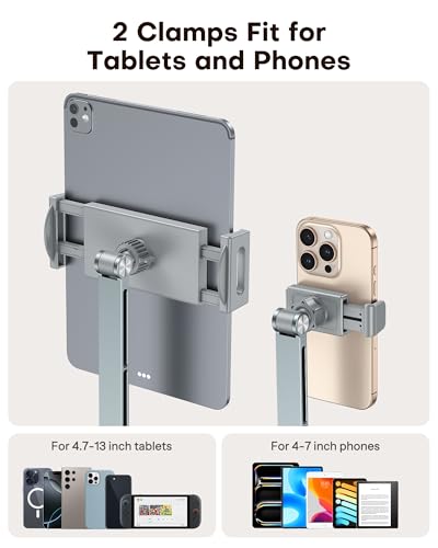 OMOTON Tablet Stand for iPad with 360° Rotation, GH03 Aluminum Alloy Long Arm Phone Mount with 2 Plastic Clamps (Phone & Tablet), Adjustable Holder for 4-13" iPad Pro/iPhone, Grey - color: Grey