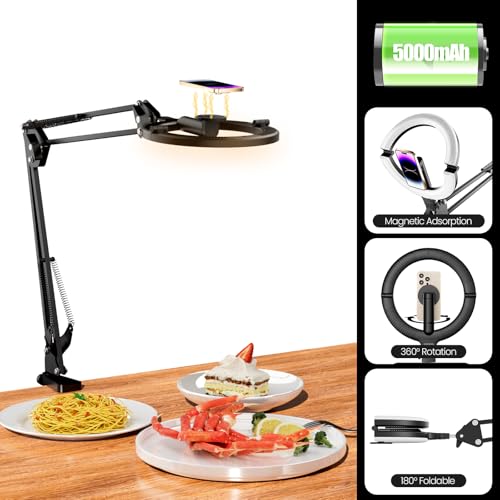 10" Magnetic Ring Light Overhead Camera Phone Mount, XINBAOHONG LED Selfie Light with Stand and Phone Holder, Rechargeable Desk Light for Video Recording