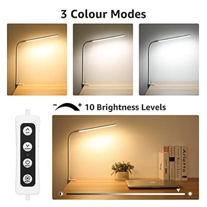 Lepro Small Desk Lamp with Clamp, LED Reading Lamps with 450LM, 3 Color Modes 10 Brightness, Dimmable USB Clip on Desk Light with Gooseneck Swing Arm for Nail, Home Office and Dorm (White) - color: White