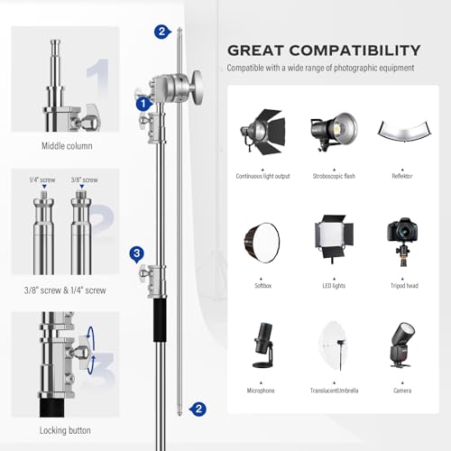 Heavy Duty C Stand 6.9ft/210cm with Holding Arm Sandbag Grip Head Stainless Steel Photography Light Stand C-Stand Sturdy for Photography Studio Video Monolight Softbox Shooting (Silver)