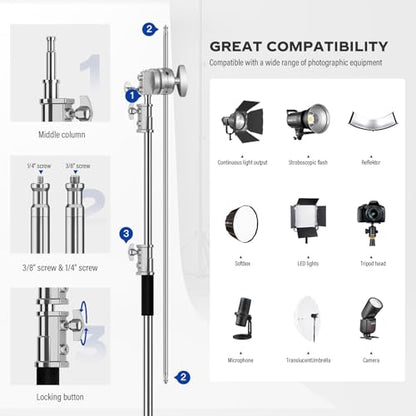 Heavy Duty C Stand 6.9ft/210cm with Holding Arm Sandbag Grip Head Stainless Steel Photography Light Stand C-Stand Sturdy for Photography Studio Video Monolight Softbox Shooting (Silver)