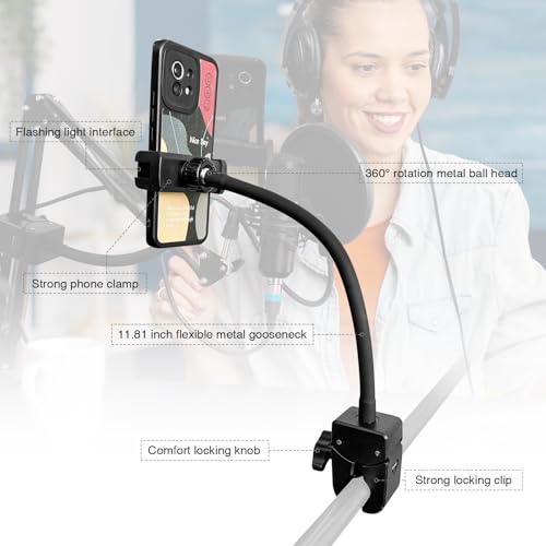 Clip Phone Holder for Desk,Pole,Pipe,Boom,Flat Surface with Adjustable Aluminium Arm Phone Clamp Mount for Mic Stand,Treadmill Compatible with All 4-7” Cell Phone (Long-Gooseneck Arm Phone Holder) - style: 11.81" Gooseneck Arm Phone Holder