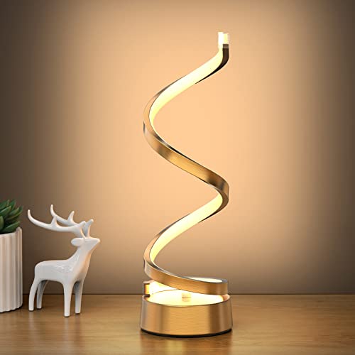 NUÜR Gold Infinity Spiral LED Table Lamp, Dimmable Metallic Bedside Lamp with Touch Controller, 3 Colour Temperature, 15.8 Inch Height, Decorative Lamp for Home, Living Room & Office - color: Gold