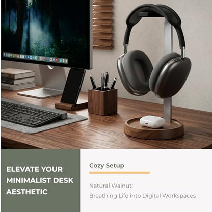 muso wood Walnut Headphone Stand, Universal Headset Stand with Storage Base, Wood Desktop Headphone Holder for Gaming Headset and Music Headset