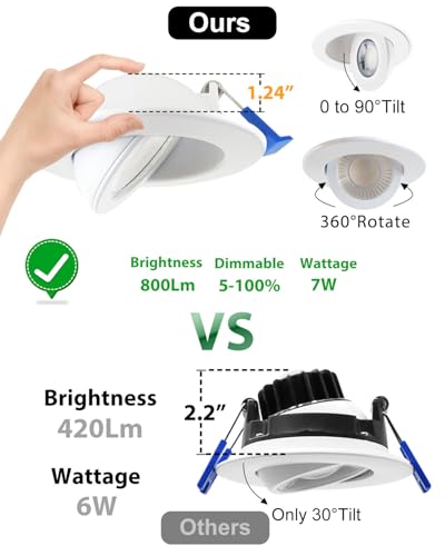 zouzai 3 Inch Gimbal LED Recessed Lights, White, 1 Pack, with Junction Box, 360°+ 90° Adjustable, 5CCT 2700K-5000K, Dimmable, Canless Eyeball Downlight, CRI90+, 800LM 7W 120V, ETL - color: White-3 inch, size: 1 Pack
