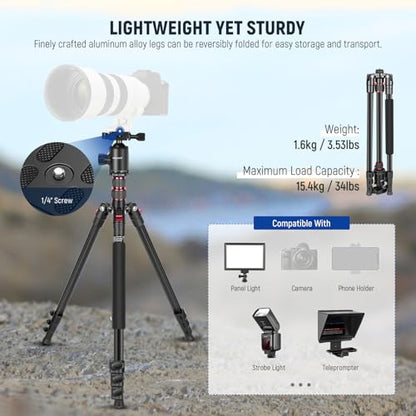 NEEWER 77” Camera Tripod Monopod with Phone Holder, Portable Travel Tripod with Remote, 360° Ball Head, 2 Axis Center Column, Arca QR Plate and Bag, Aluminum DSLR Tripod 34lb Max Load, TP77 - style: Travel Tripod with Remote